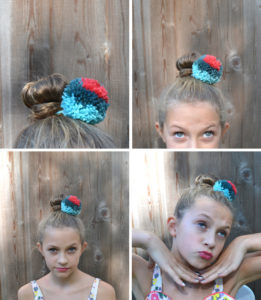 Pom-Pom Hair Ties: DIY Yarn Summer Craft Idea for Kids with Different Color Layer on Elastic Cord