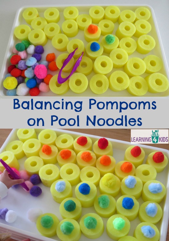 Construction Activities with Fine Motor Fun: Balancing Colorful Yarn Pom-Pom on Pool Noodles