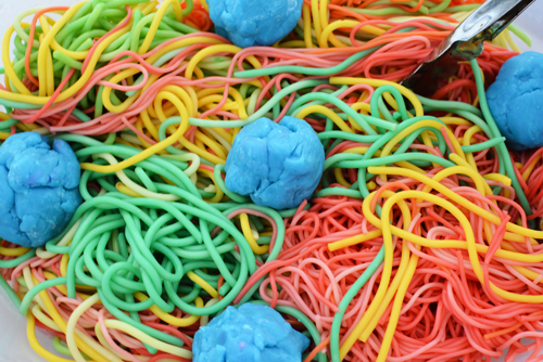 Rainbow Spaghetti and Meatball Sensory Play for Toddlers: A Fun Preschool Activity