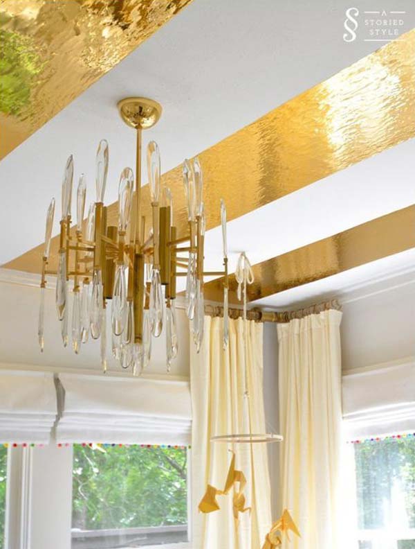 DIY Luxurious Ceiling Decor with Gold Contact Paper Stripes on Plain Paint