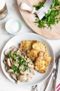 Zurich-Style Veal with Creamy Mushroom Sauce and Smashed Potatoes: Classic dish from Zurich