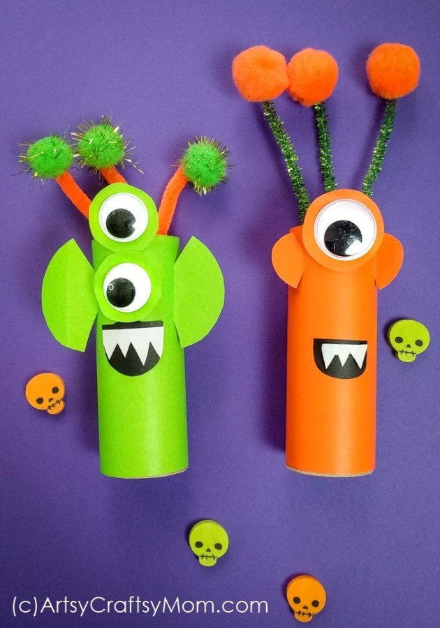 Vibrant and Cute Cardboard Tube Aliens Halloween Kids Craft